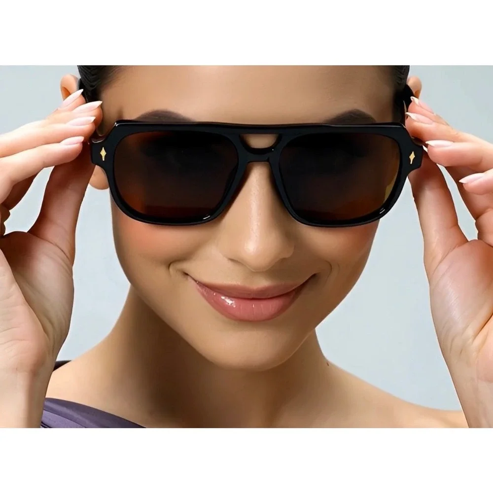Chic black aviator sunglasses women stylish‎ brown lenses and subtle gold accent